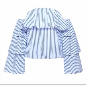 White and blue tiered off the shoulder shirt!